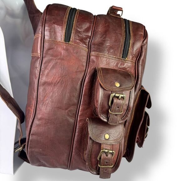 Vintage Distressed Handmade Rugged Rustic Brown Buffalo Leather Backpack Bag - Picture 3 of 11